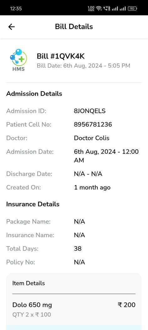 Hospital Management System — patient app — Bill Details